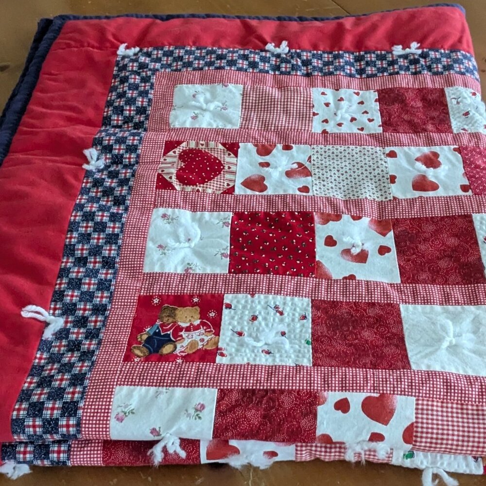 Handmade Vintage Toddler Quilt 43x48 Inches Red White Blue Hearts & Bears